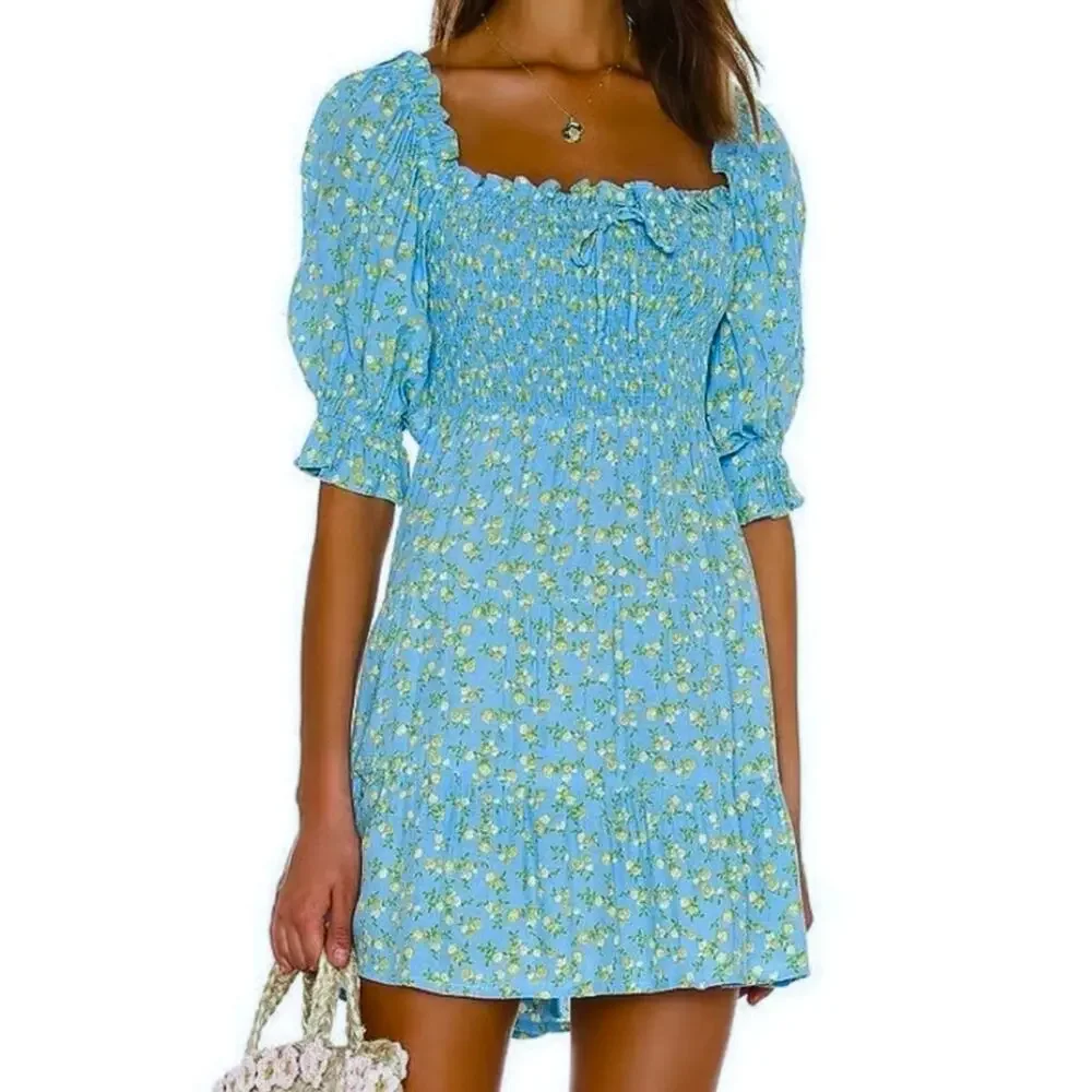 Faithfull the Brand Charolette Smocked Mini Dress Blue Yellow XL - Picture 3 of 9